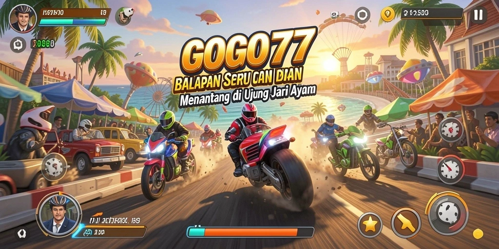 Screenshot gameplay GOGO77 menampilkan aksi balapan yang mendebarkan.