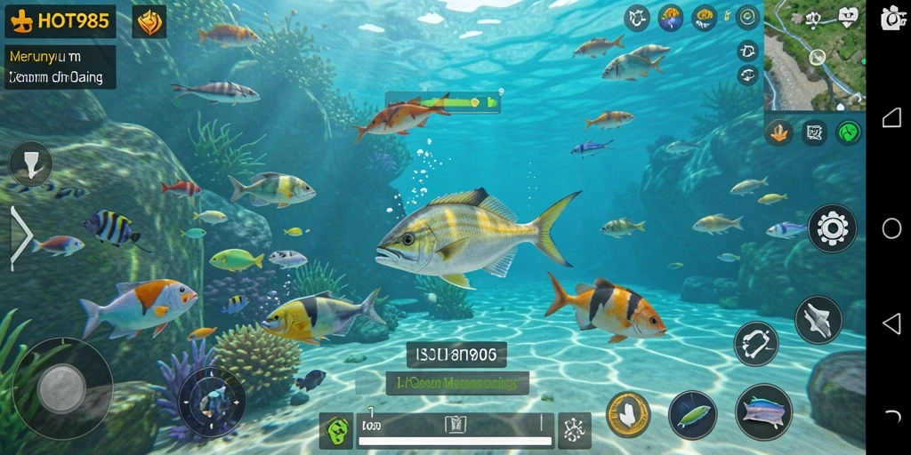 Screenshot HOT985 menampilkan gameplay seru memancing ikan di bawah laut.