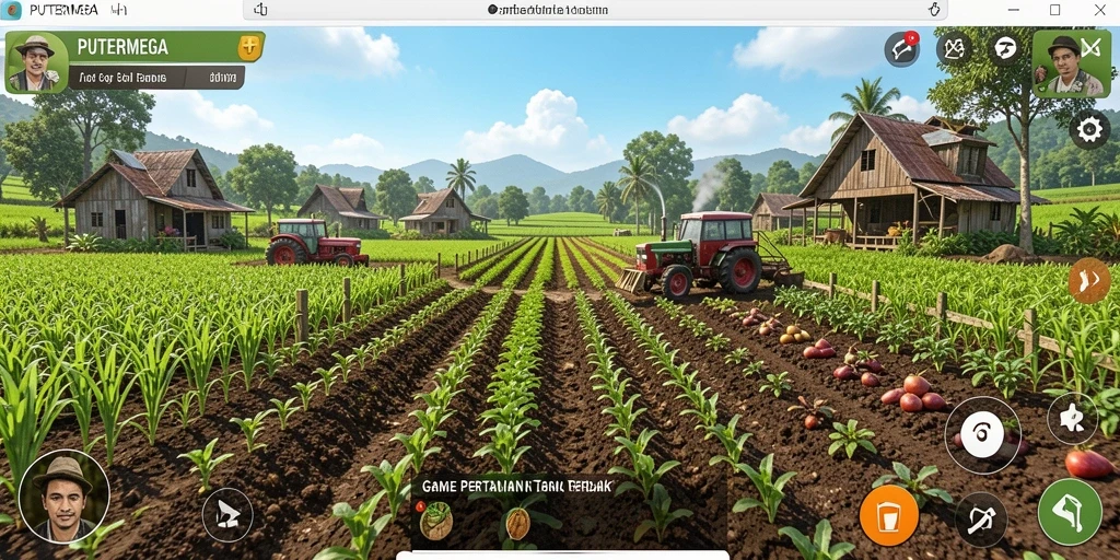 Screenshot gameplay PUTERMEGA menampilkan lahan pertanian yang hijau dan subur.