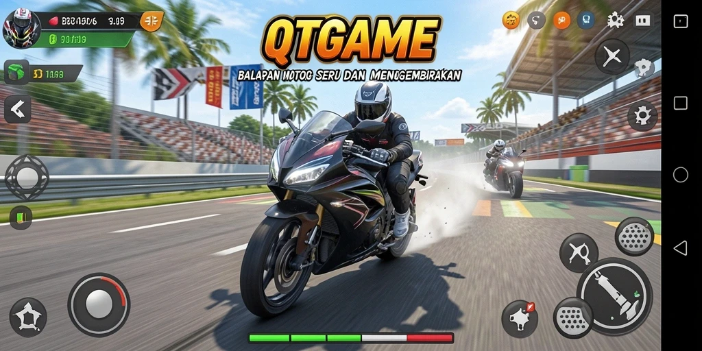 Gameplay seru dalam QTGAME saat balapan motor.