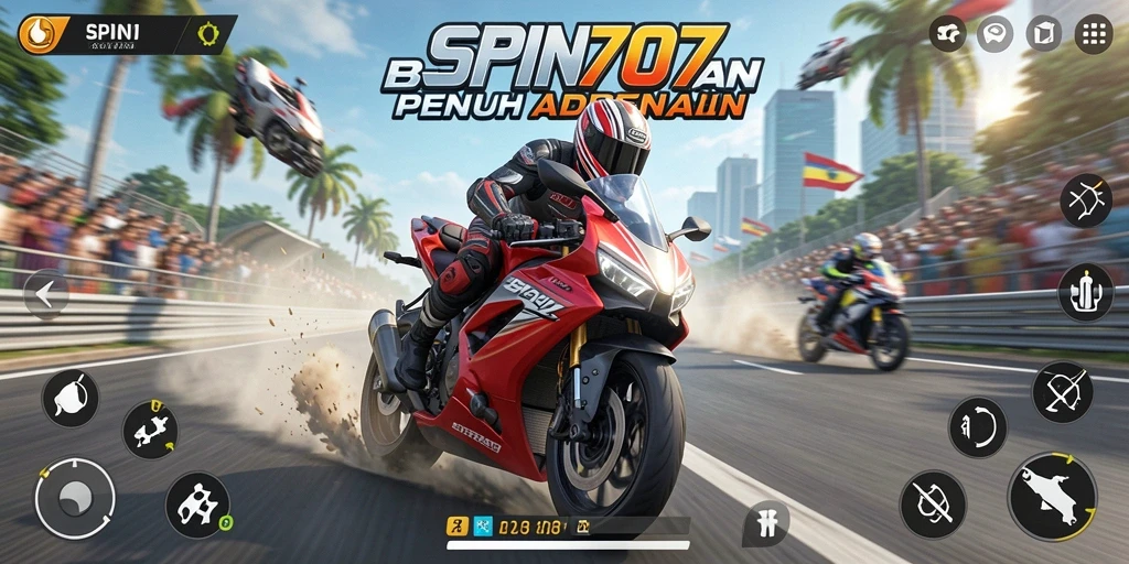 Tampilan gameplay SPIN707 yang mendebarkan dari trek balapan motor.