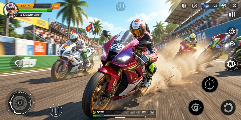 Screenshot menunjukkan aksi balap motor yang mendebarkan dalam ST789.