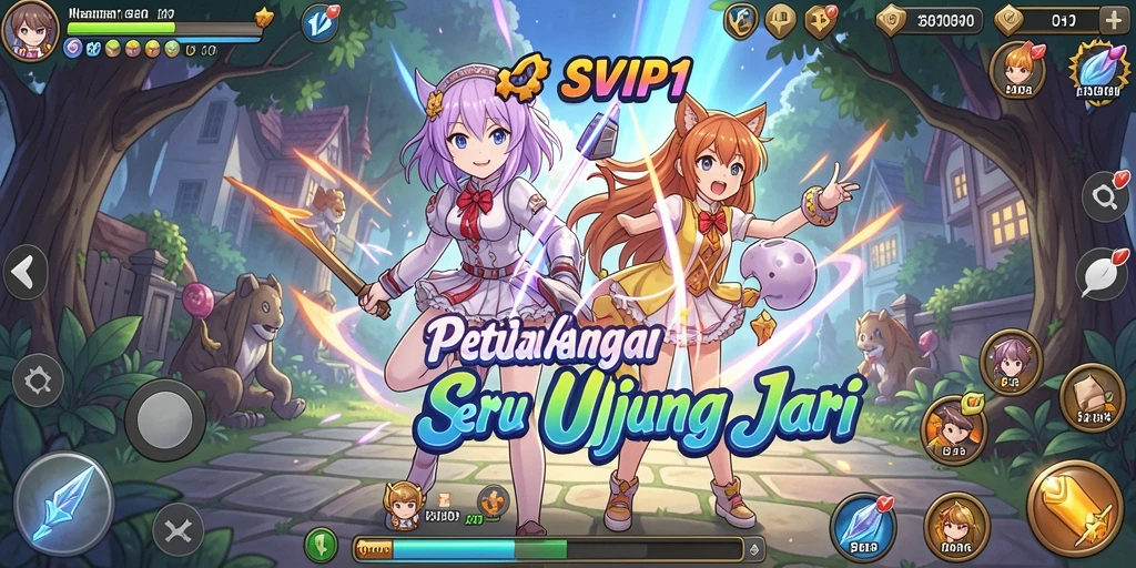 Screenshot gameplay SVIP1 menunjukkan dunia Anime yang penuh warna dan karakter menarik.